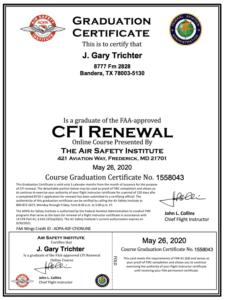 Gary Trichter 2020 CFI renewal AOPA_eFIRC graduation certificate